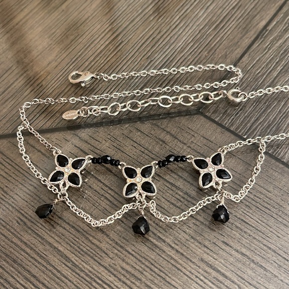 Monet Silver-Tone and Black Floral Necklace with Draping Chains - Picture 11 of 12